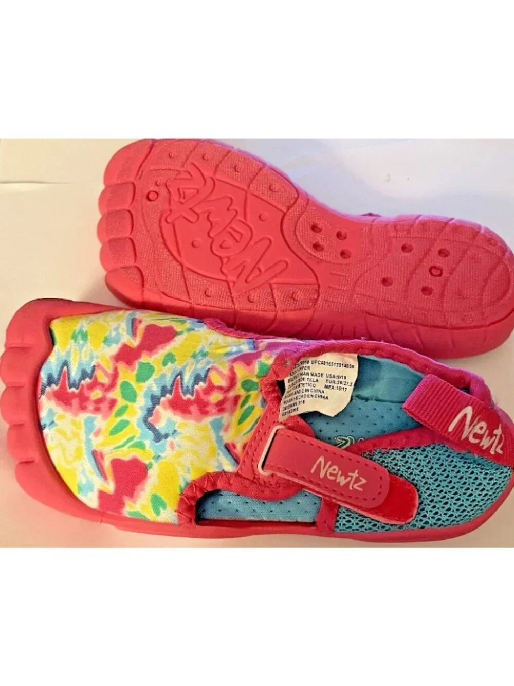Girls Newitz 9/10 Pink Tie-Dye Swim Water Shoes Bumper Toes Vibrant Color Summer